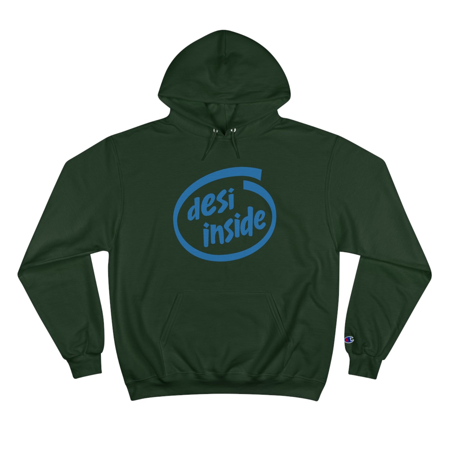 Desi Inside Champion Hoodie in dark green with blue lettering, featuring cozy design and spacious pocket.