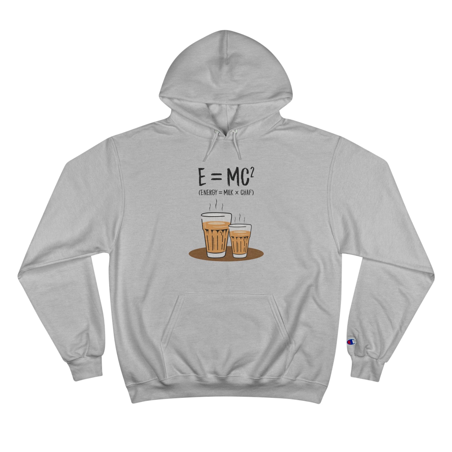 Cozy gray Champion hoodie with E=MC² design and chai glasses, perfect for chai lovers and comfort seekers.