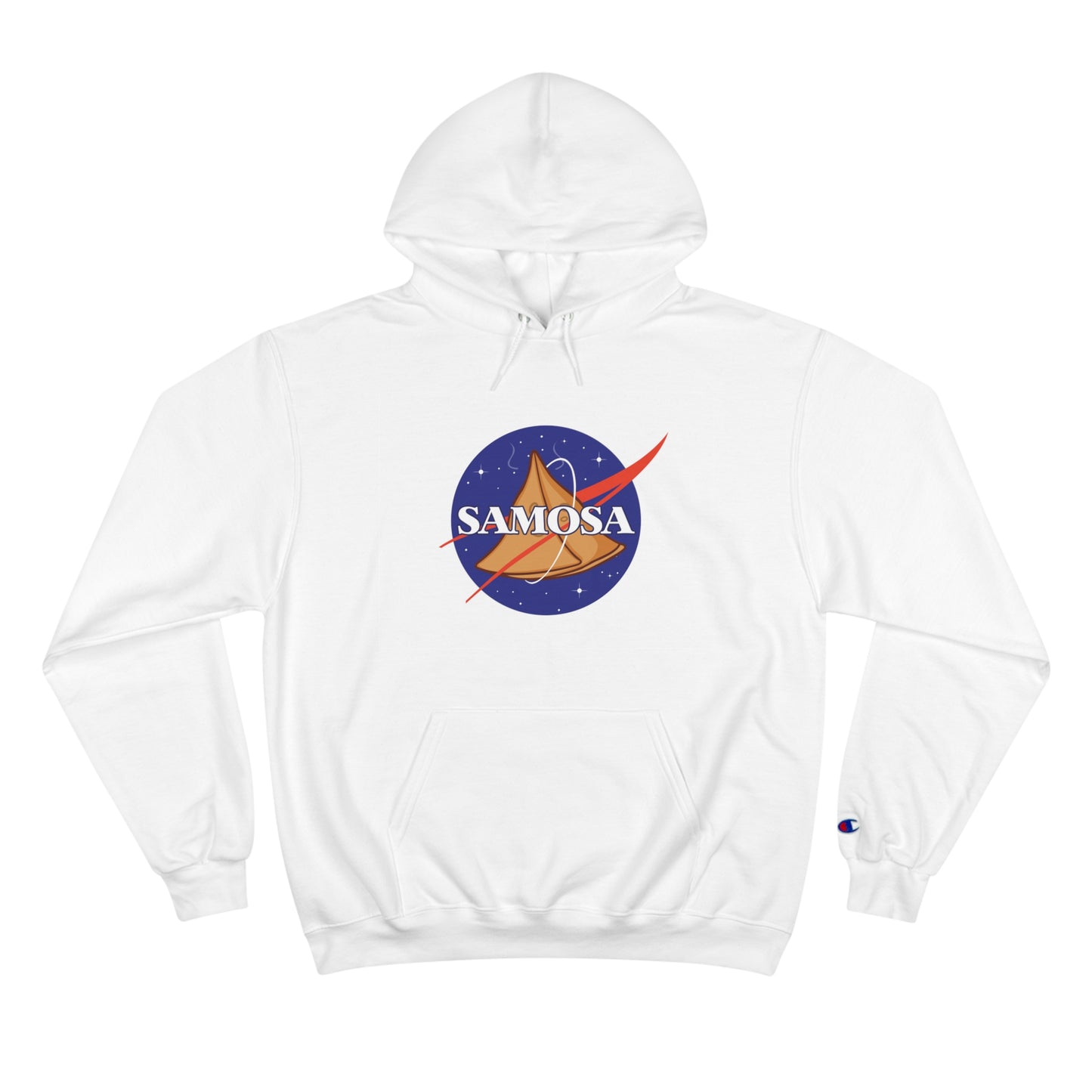 White NASA Samosa Champion hoodie featuring a samosa graphic and spacious front pocket. Perfect for cozy and quirky style.