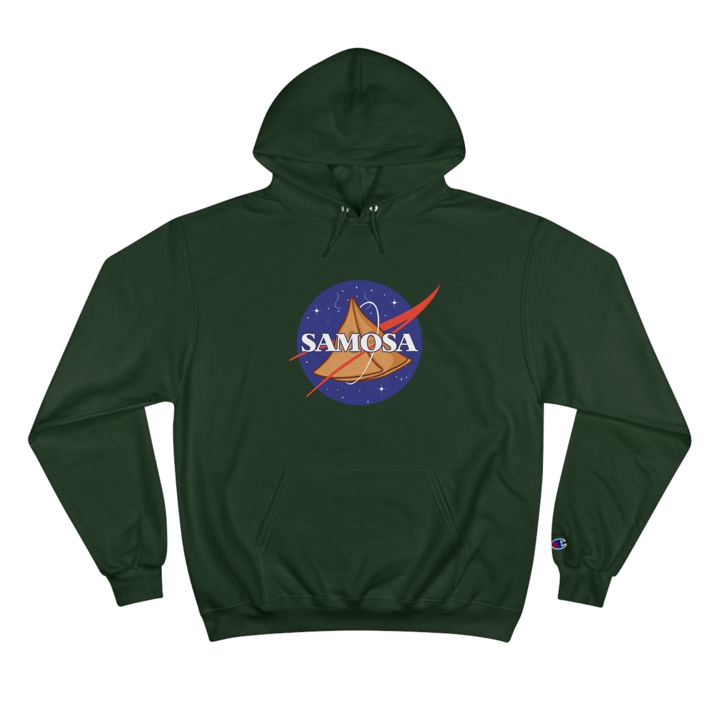 NASA Samosa Champion hoodie in dark green with a playful design featuring a samosa and space themes.