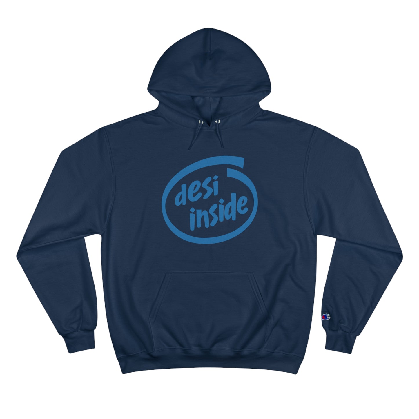 Desi Inside Champion hoodie in navy blue with a spacious pocket and iconic “C” logo on the sleeve.