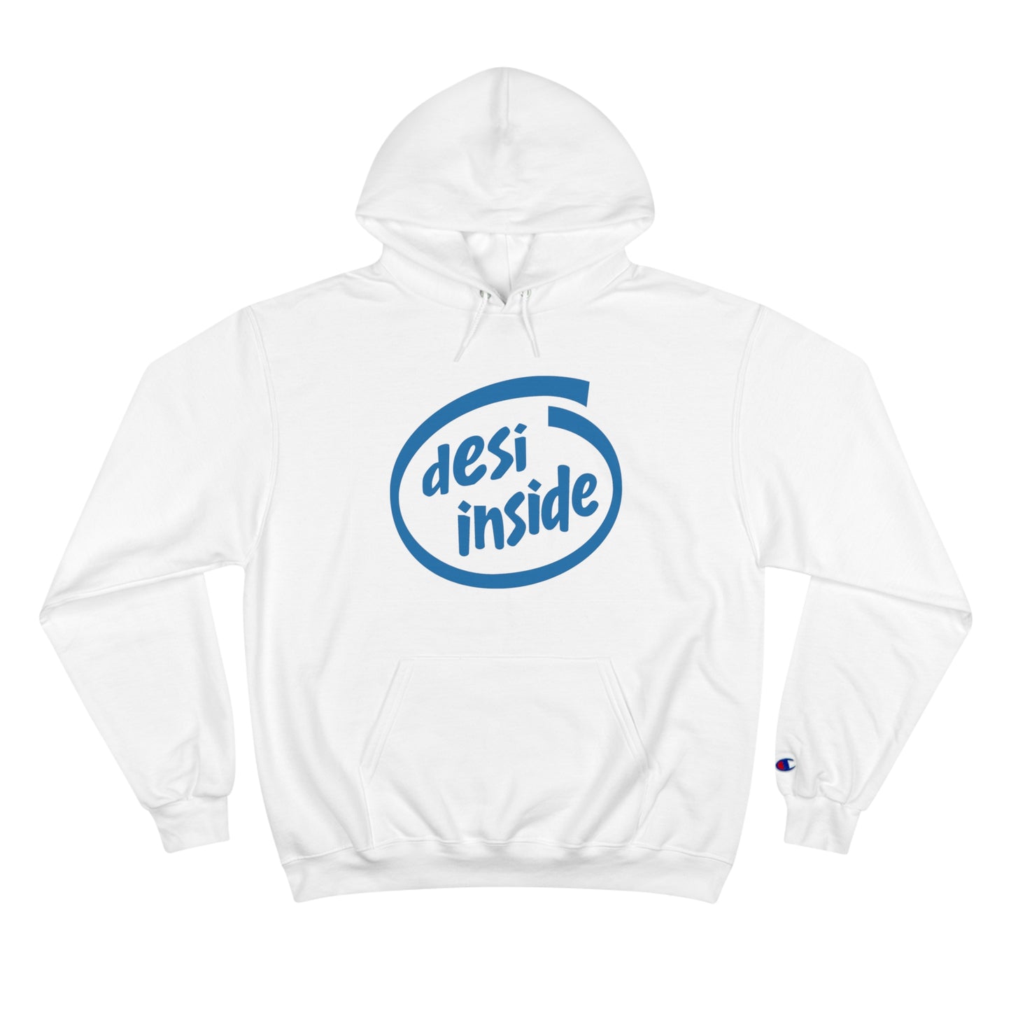 Desi Inside Champion hoodie in white, featuring blue logo and spacious pocket for warmth and comfort.