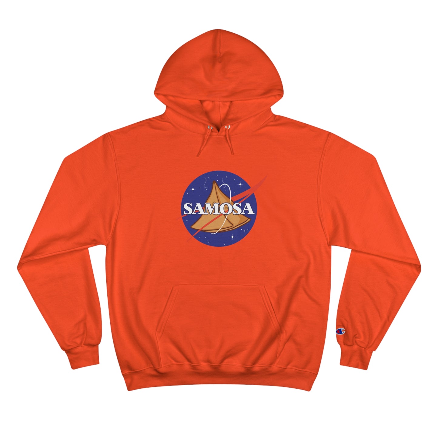 NASA Samosa Champion hoodie in vibrant orange with space-themed graphic and spacious pocket. Cozy two-ply fleece design.