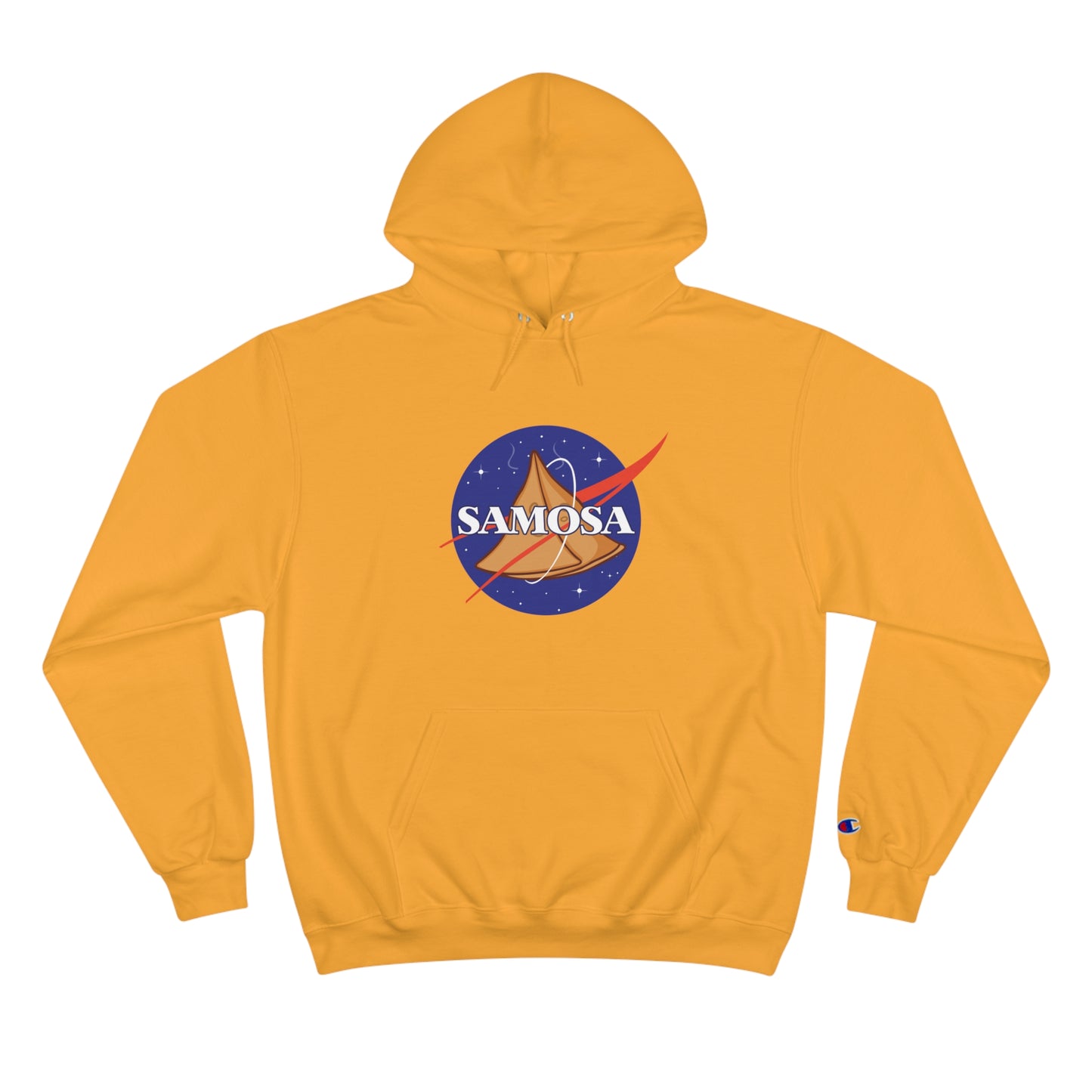 NASA Samosa Champion Hoodie in yellow with space-themed graphic and cozy design, perfect for snack lovers.