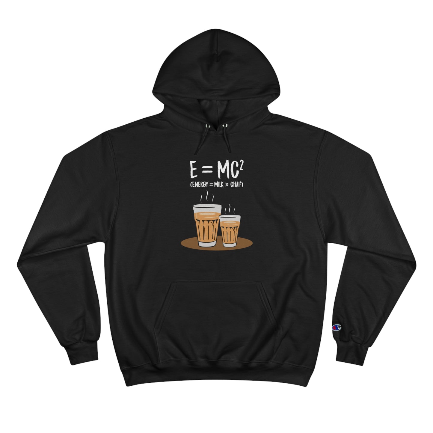 Black Champion hoodie with "E=MC²" graphic featuring two chai cups, perfect for chai lovers and cozy comfort.