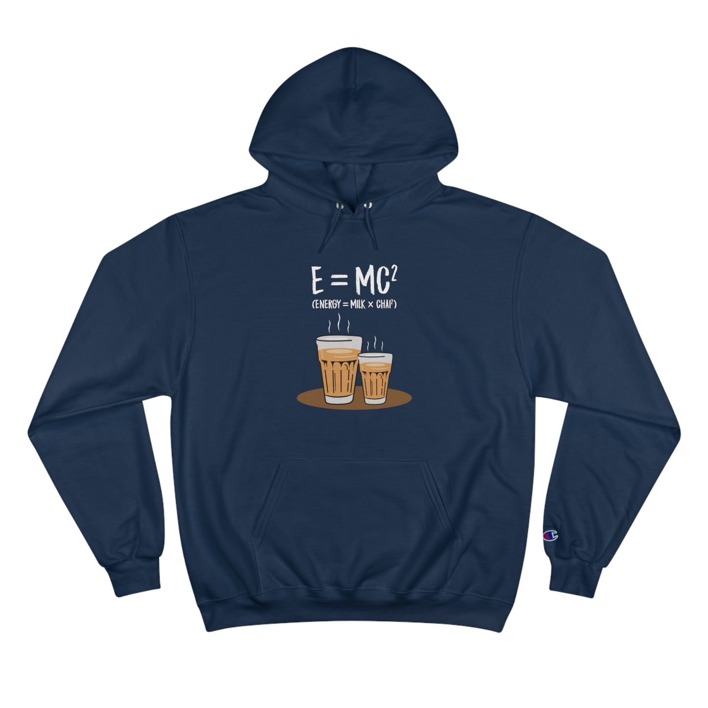 E=M*C Champion hoodie with chai graphic, cozy fleece, and iconic "C" logo, perfect for chai lovers.