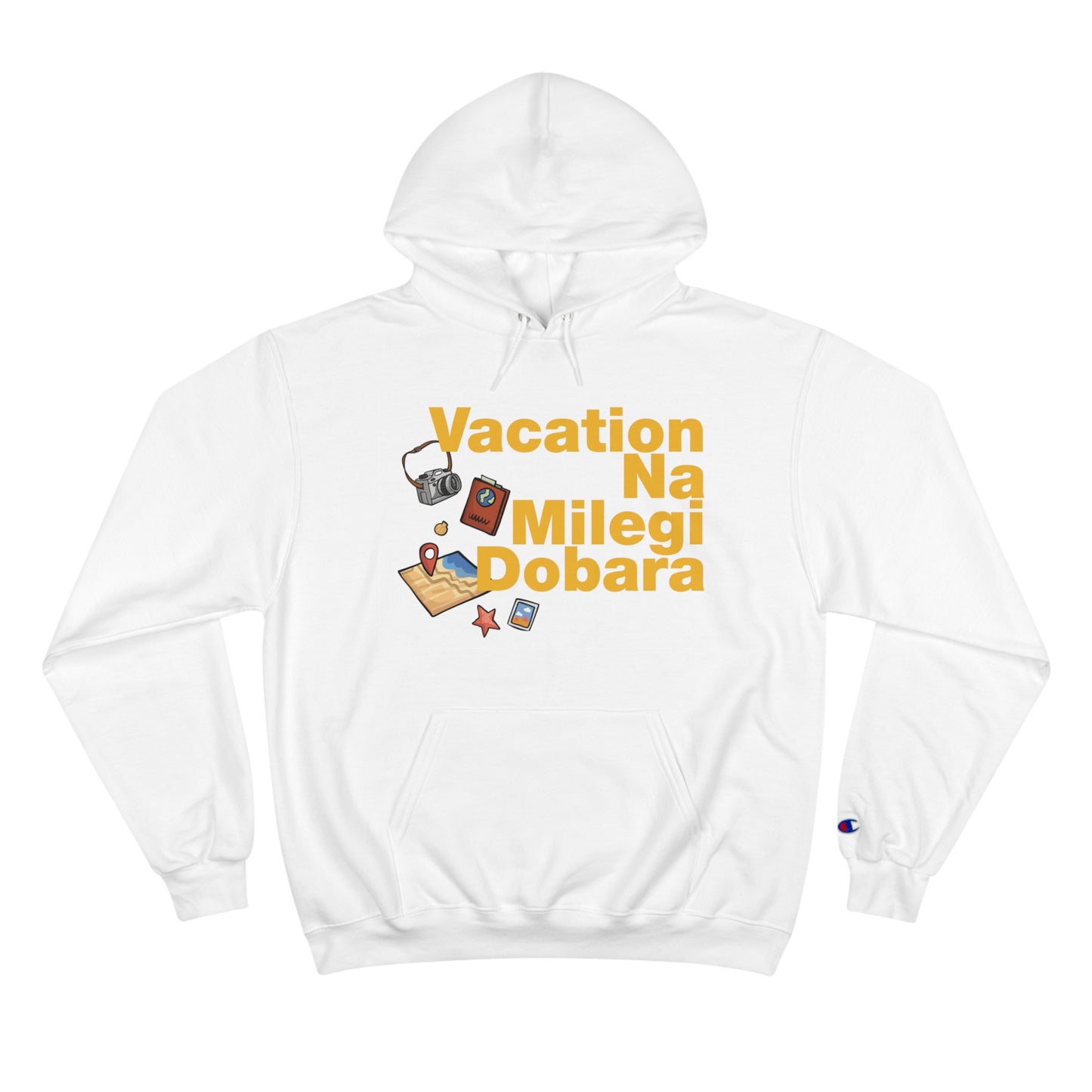 White Champion hoodie with "Vacation Na Milegi Dobara" design and travel-themed graphics.