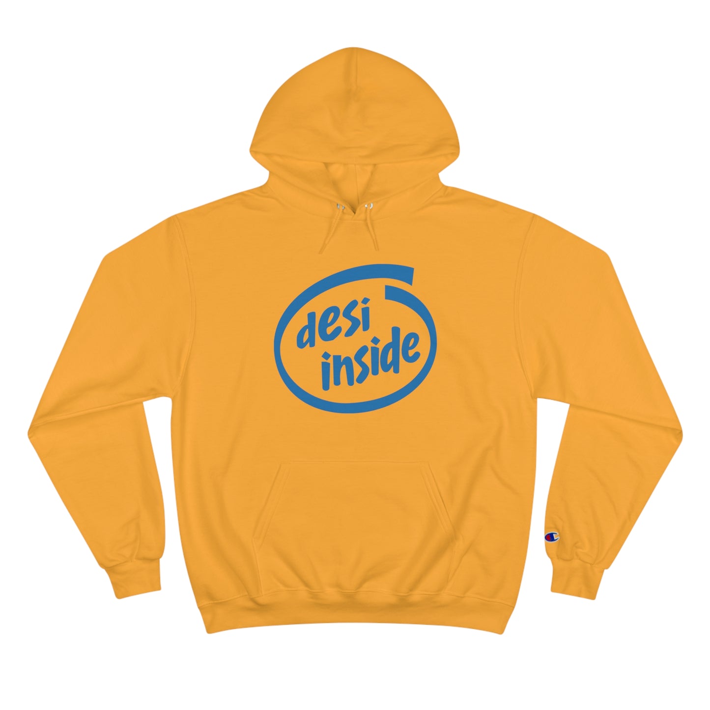 Yellow Champion hoodie featuring "Desi Inside" graphic in blue, perfect for cozy casual wear.