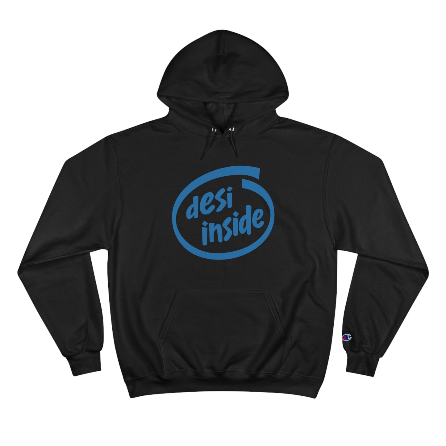 Black Champion hoodie featuring "desi inside" graphic, showcasing comfort and style for all desi culture enthusiasts.