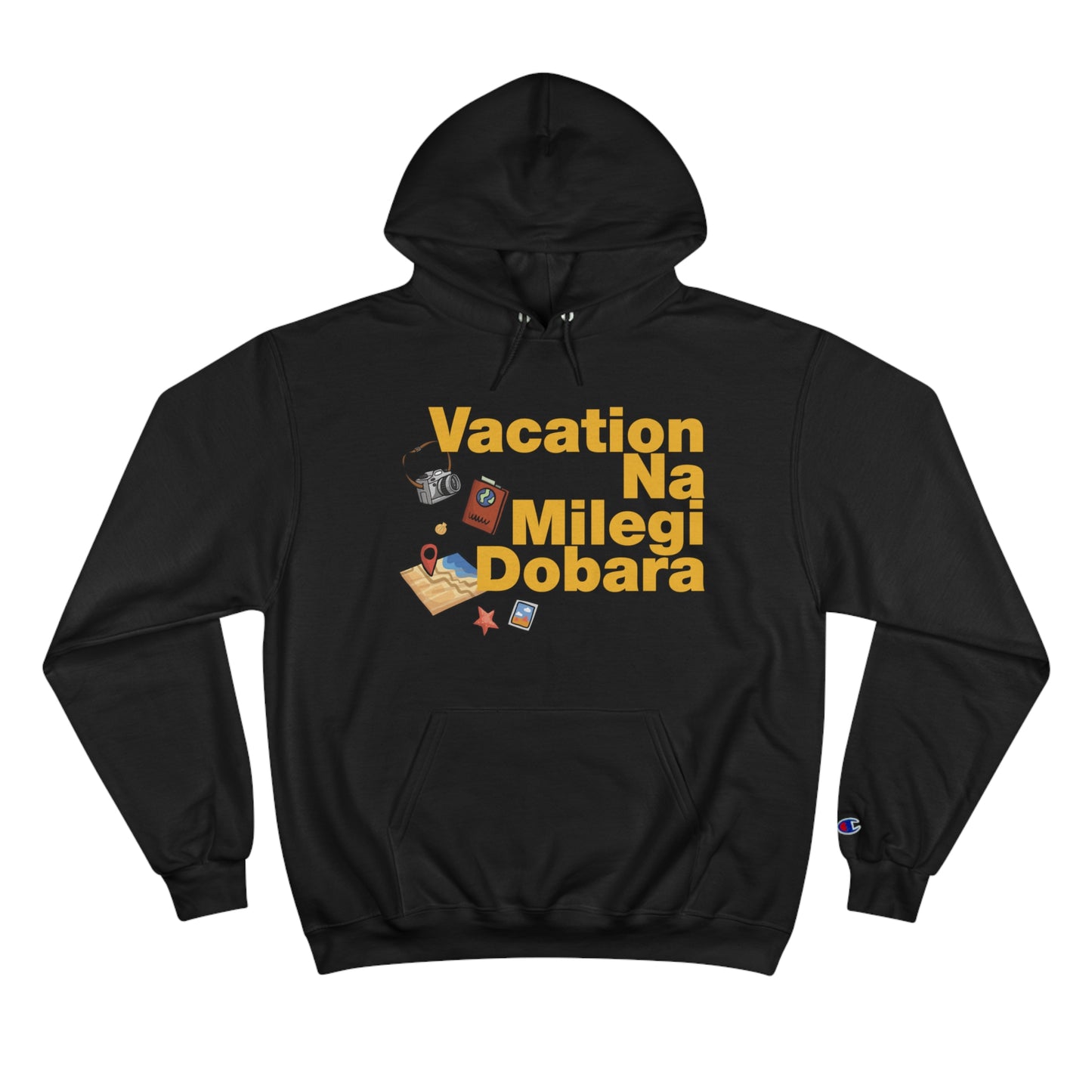 VNMD Champion hoodie in black featuring "Vacation Na Milegi Dobara" graphic and spacious front pocket.