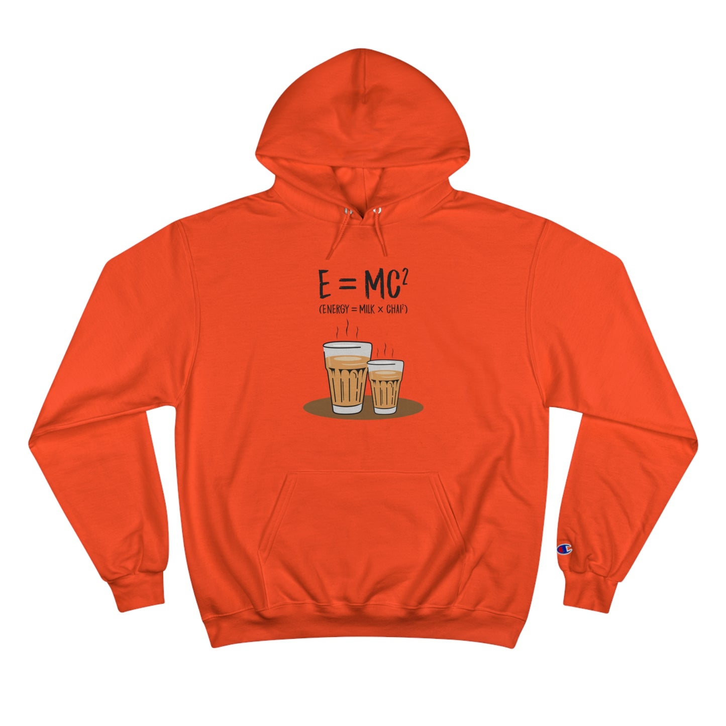 E=M*C² hoodie in vibrant orange, featuring chai cups design and Champion logo on the sleeve, perfect for chai lovers.