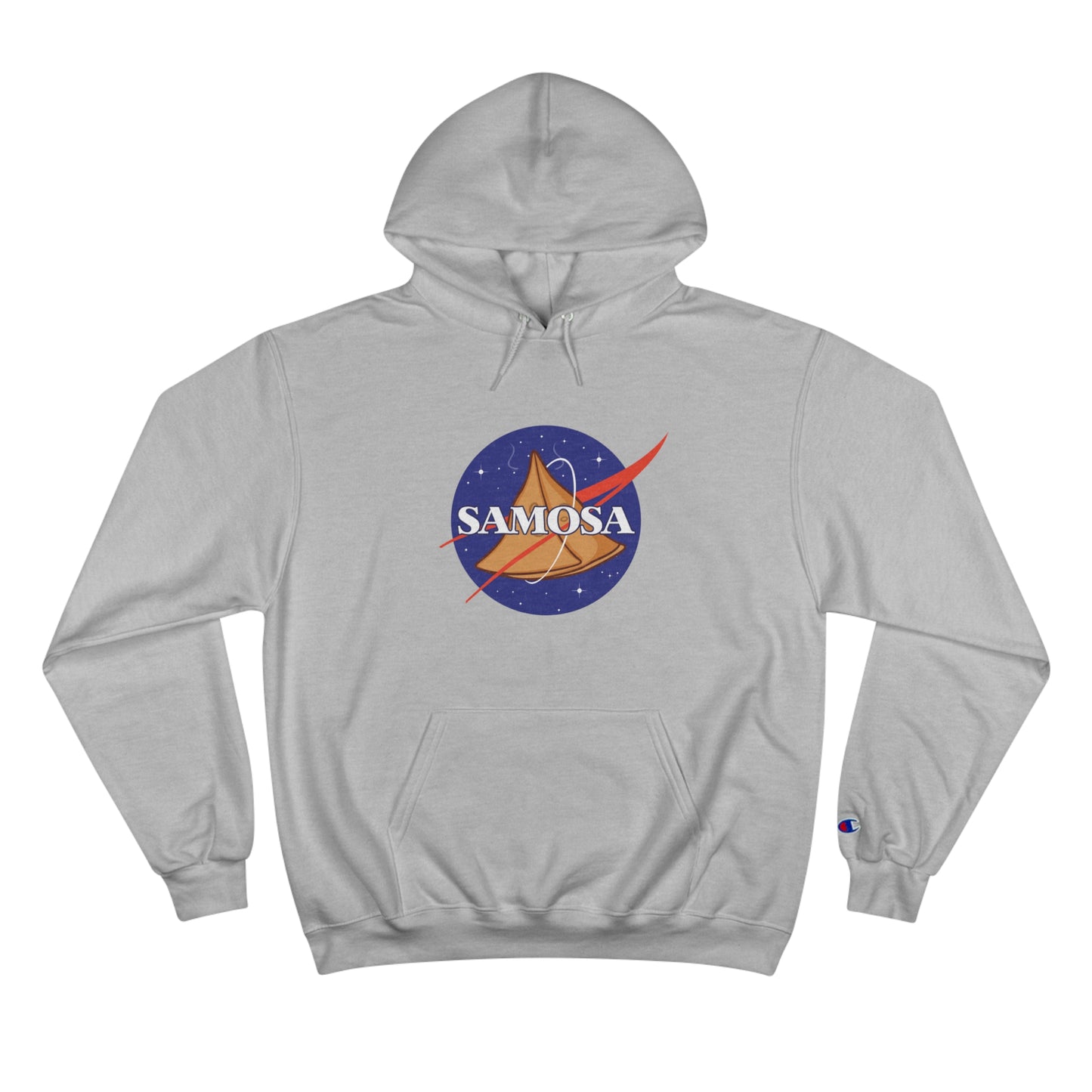 NASA Samosa Champion hoodie in gray, featuring a colorful logo with a samosa and space theme. Cozy and stylish design.