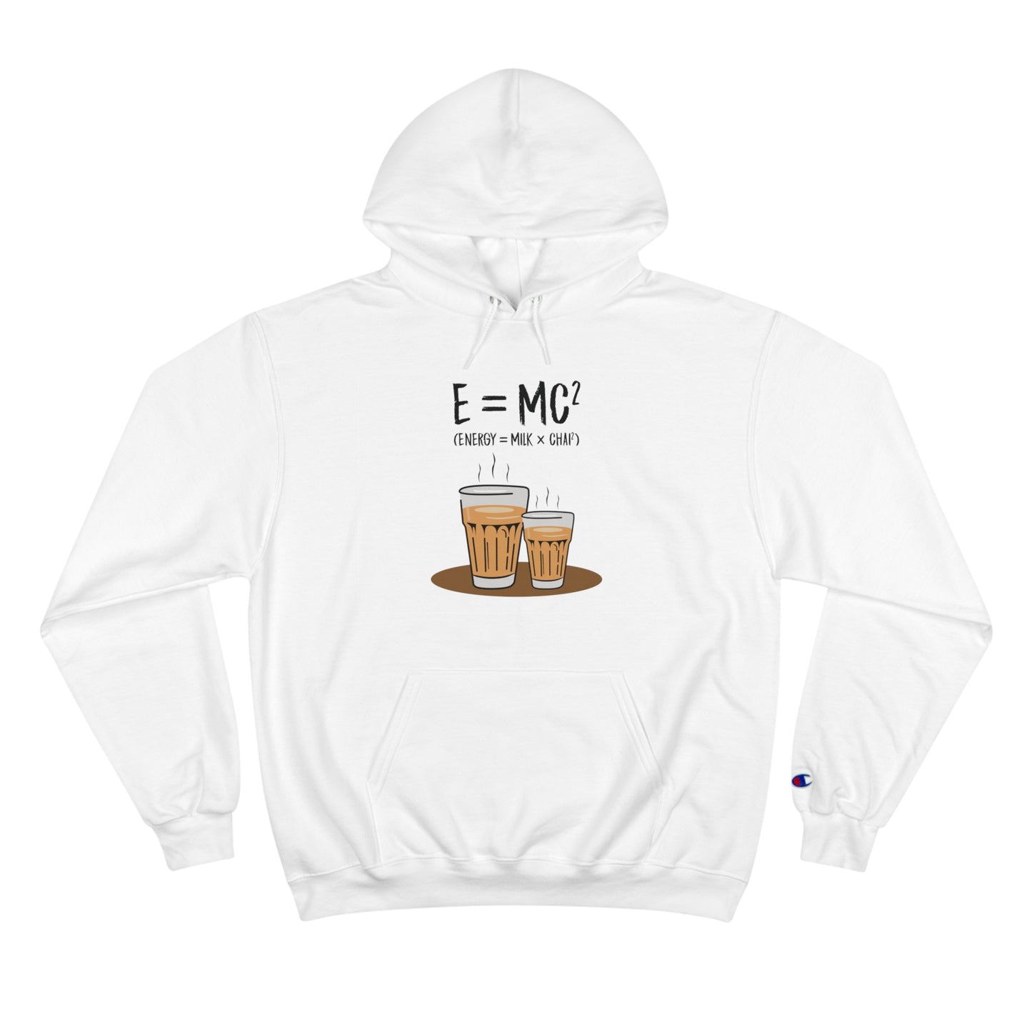 White Champion hoodie featuring E=MC² graphic with chai cups, ideal for chai lovers and cozy wear.