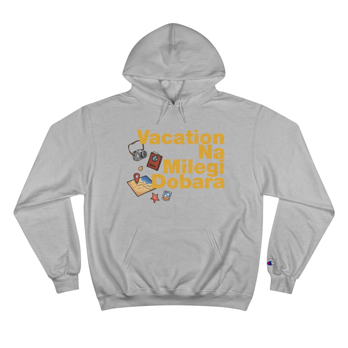 Grey VNMD Champion hoodie with "Vacation Na Milegi Dobara" graphic and travel-themed icons on the front.
