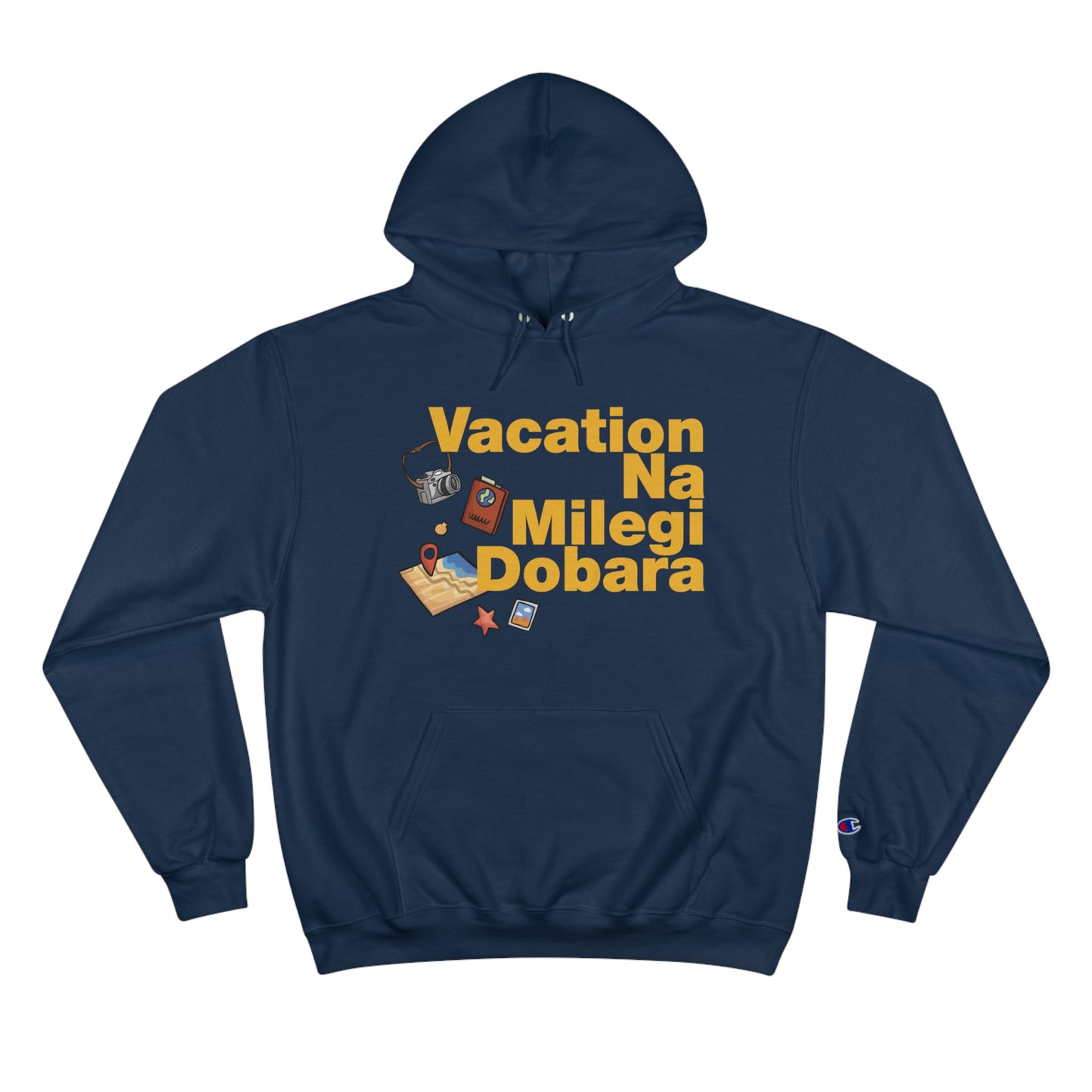 VNMD Champion hoodie in navy featuring "Vacation Na Milegi Dobara" text, perfect for travel adventures and cozy wear.