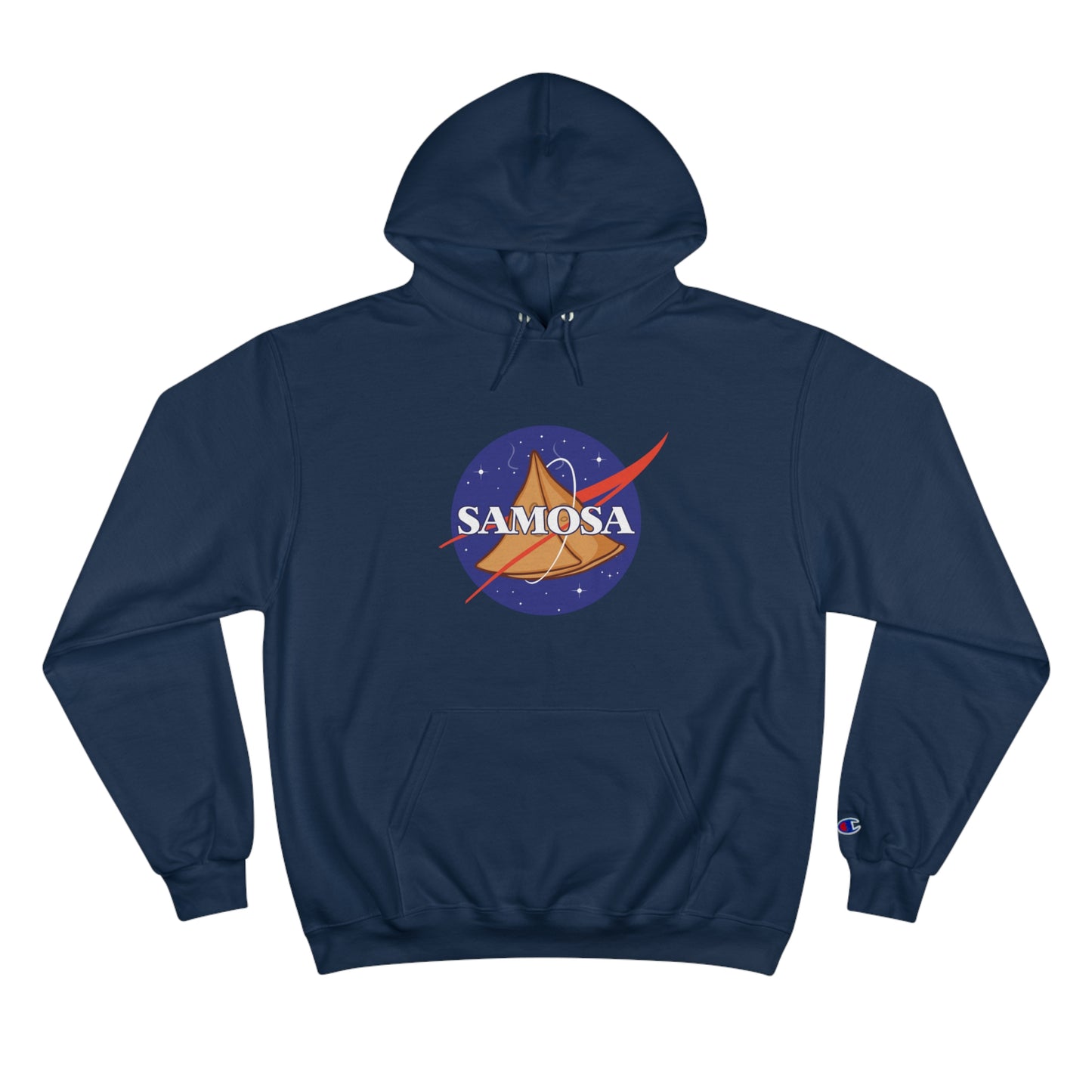NASA Samosa Champion hoodie featuring a space-themed design with a samosa graphic on a navy background.