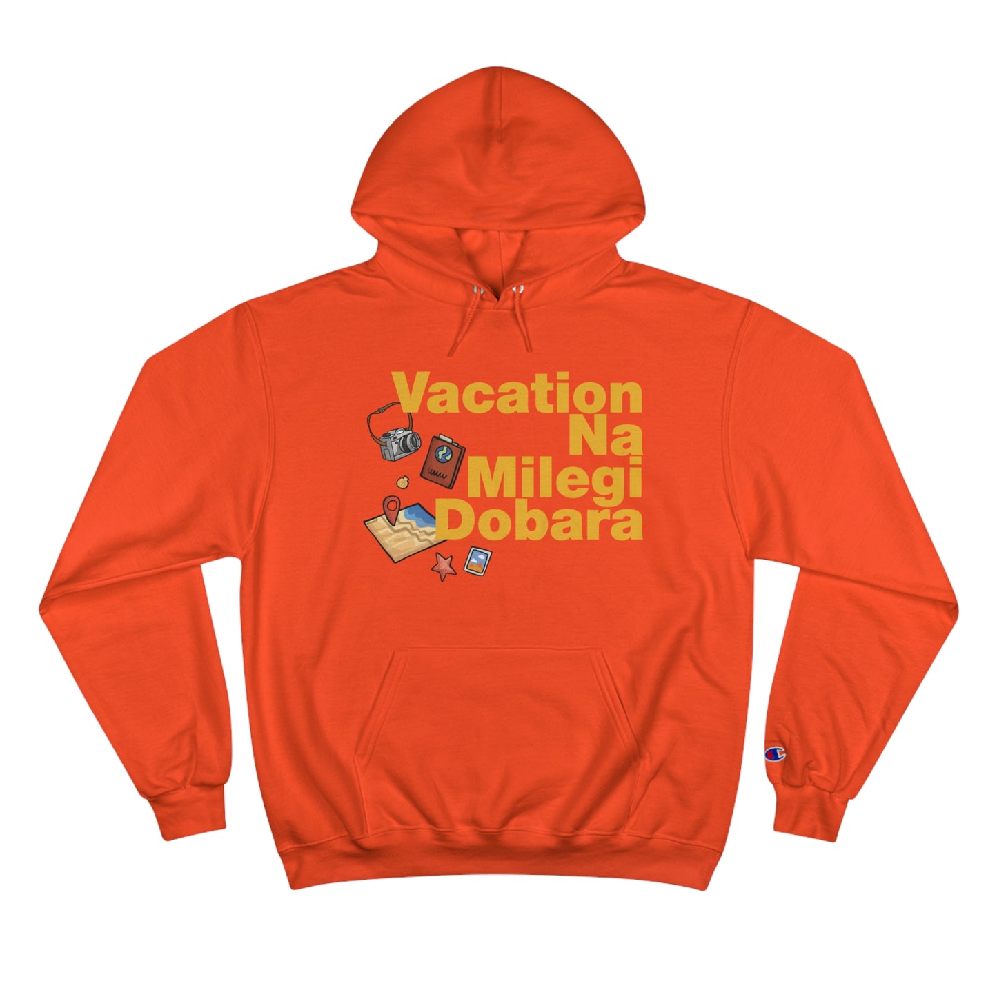 VNMD Champion hoodie in orange with "Vacation Na Milegi Dobara" graphic and travel-themed icons.