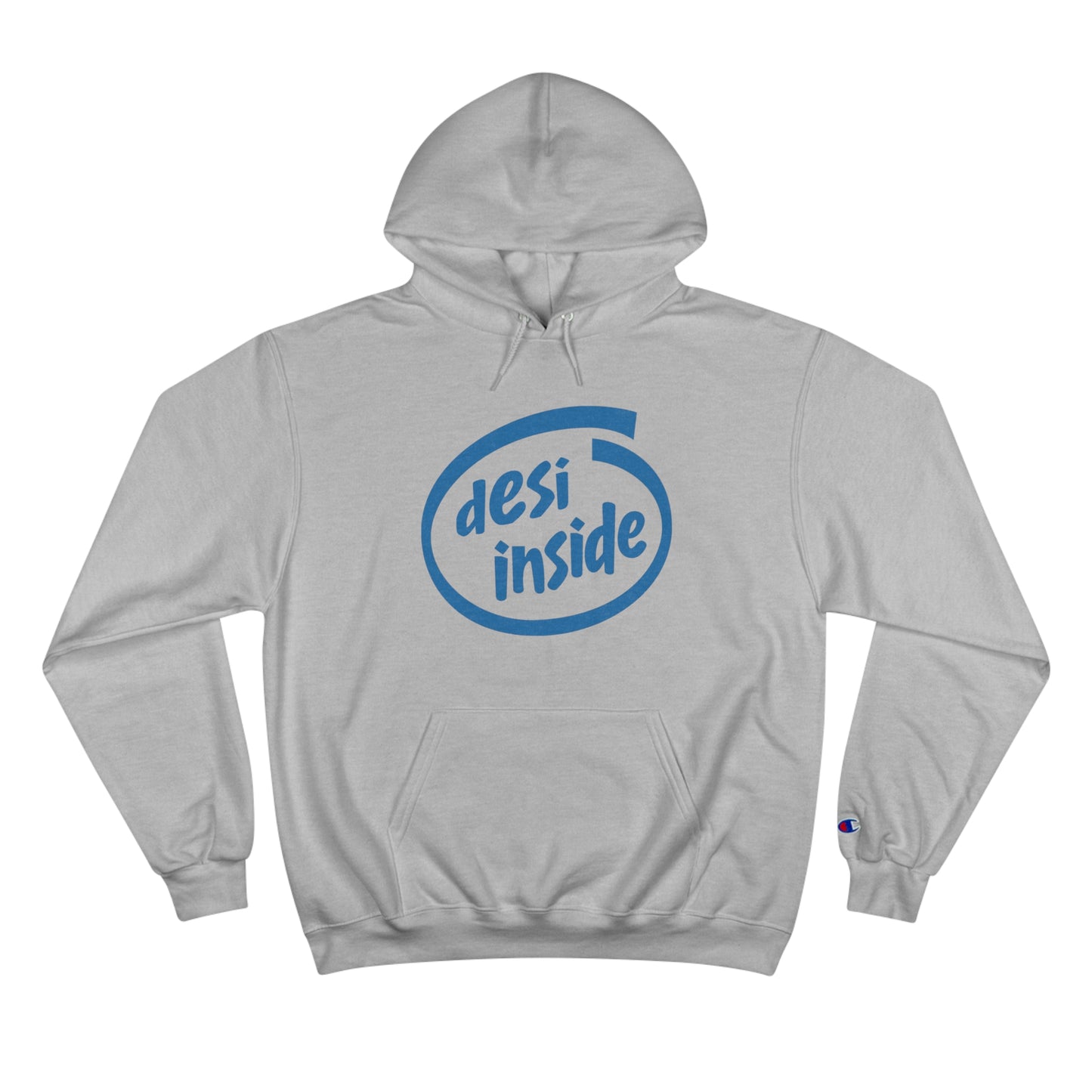 Gray Champion hoodie with "Desi Inside" graphic, featuring spacious pocket and iconic "C" logo on sleeve.