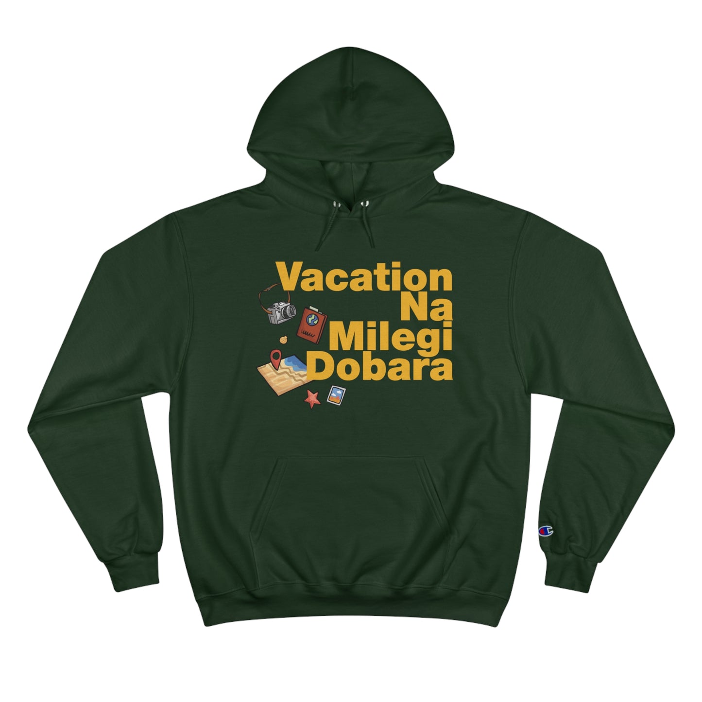 VNMD Champion hoodie in dark green featuring "Vacation Na Milegi Dobara" text and travel-themed graphics.