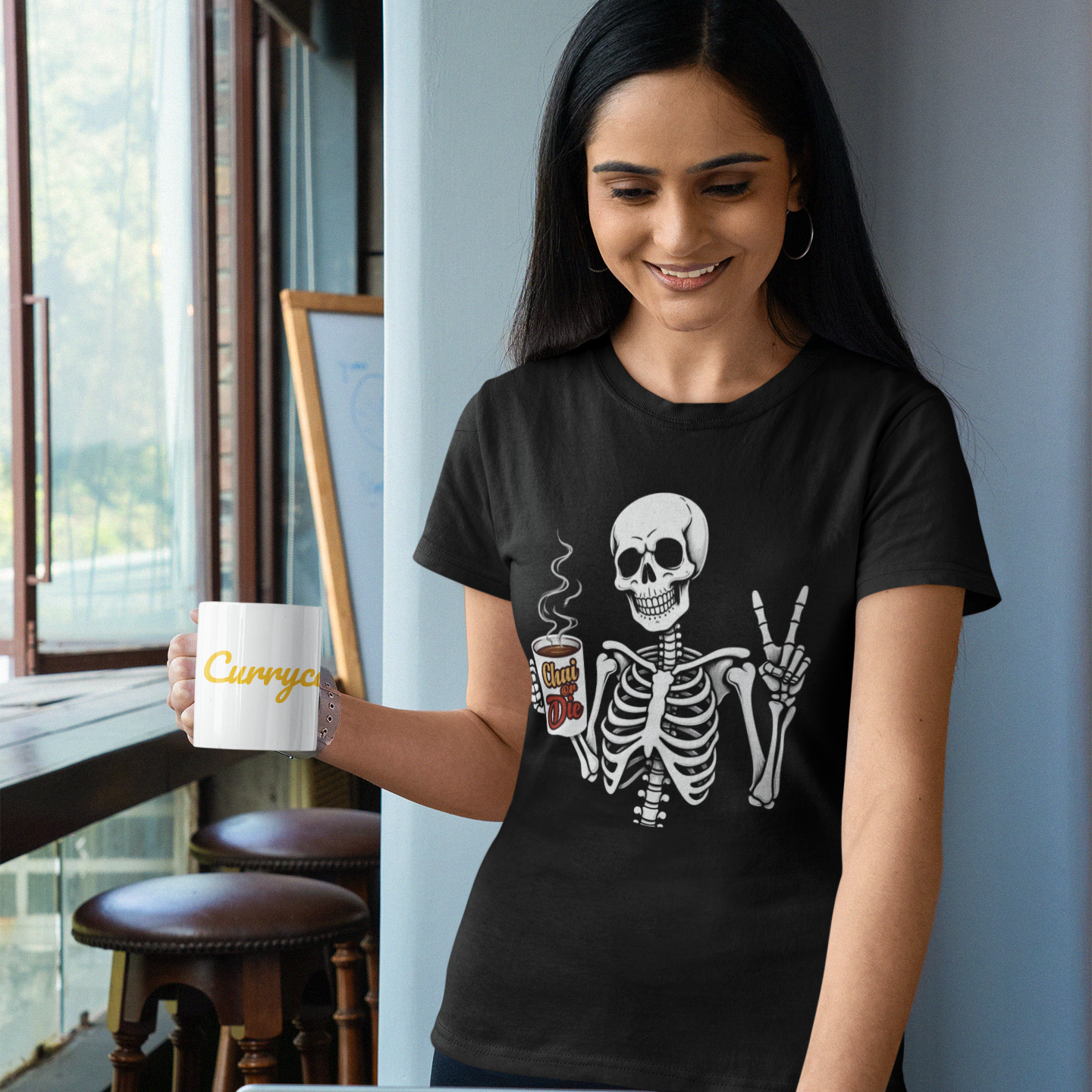 Young girl wearing chai or die tshirt in black from currycature