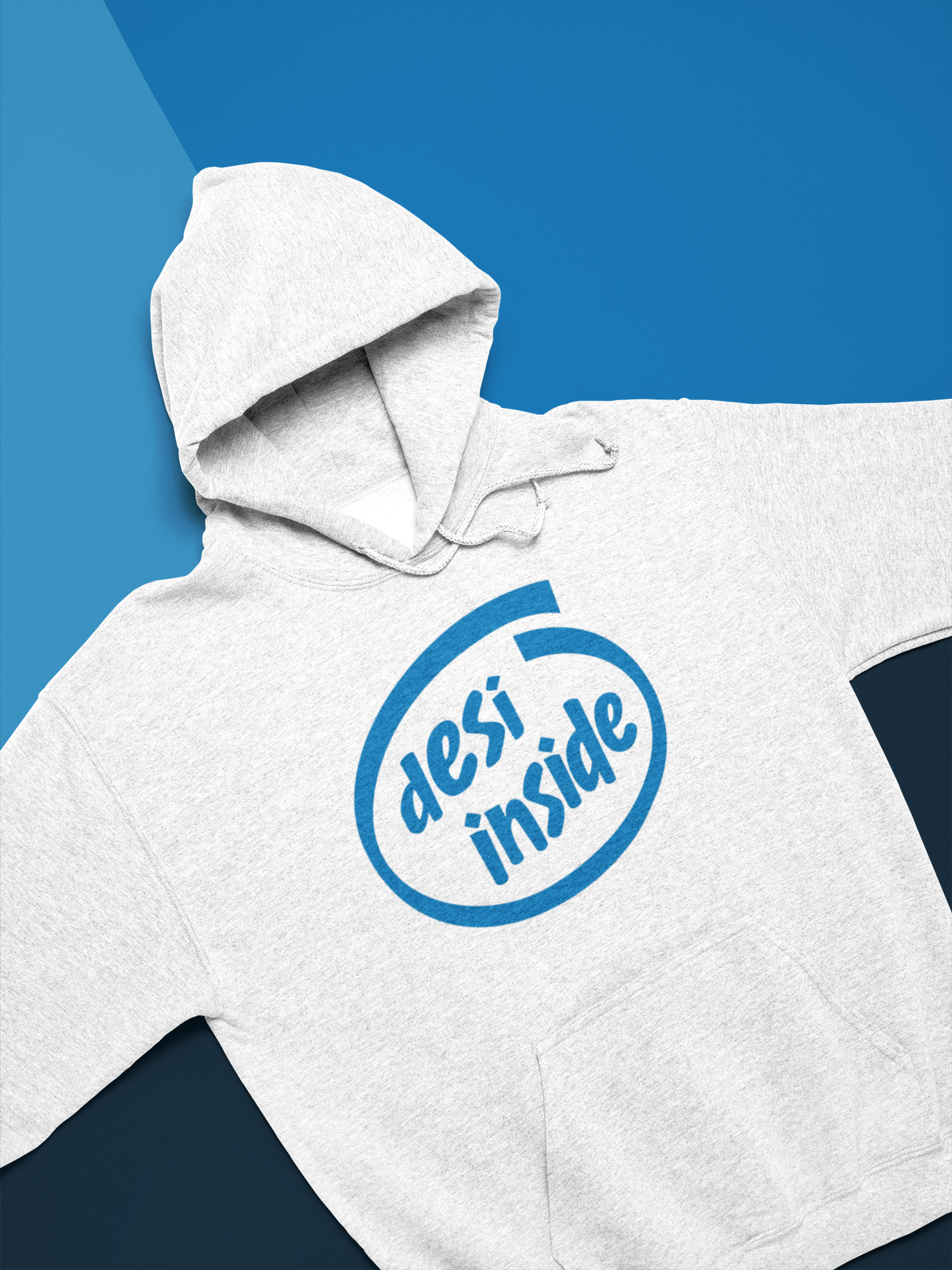Cozy grey Champion hoodie with "Desi Inside" logo on the front, perfect for stylish warmth and comfort.