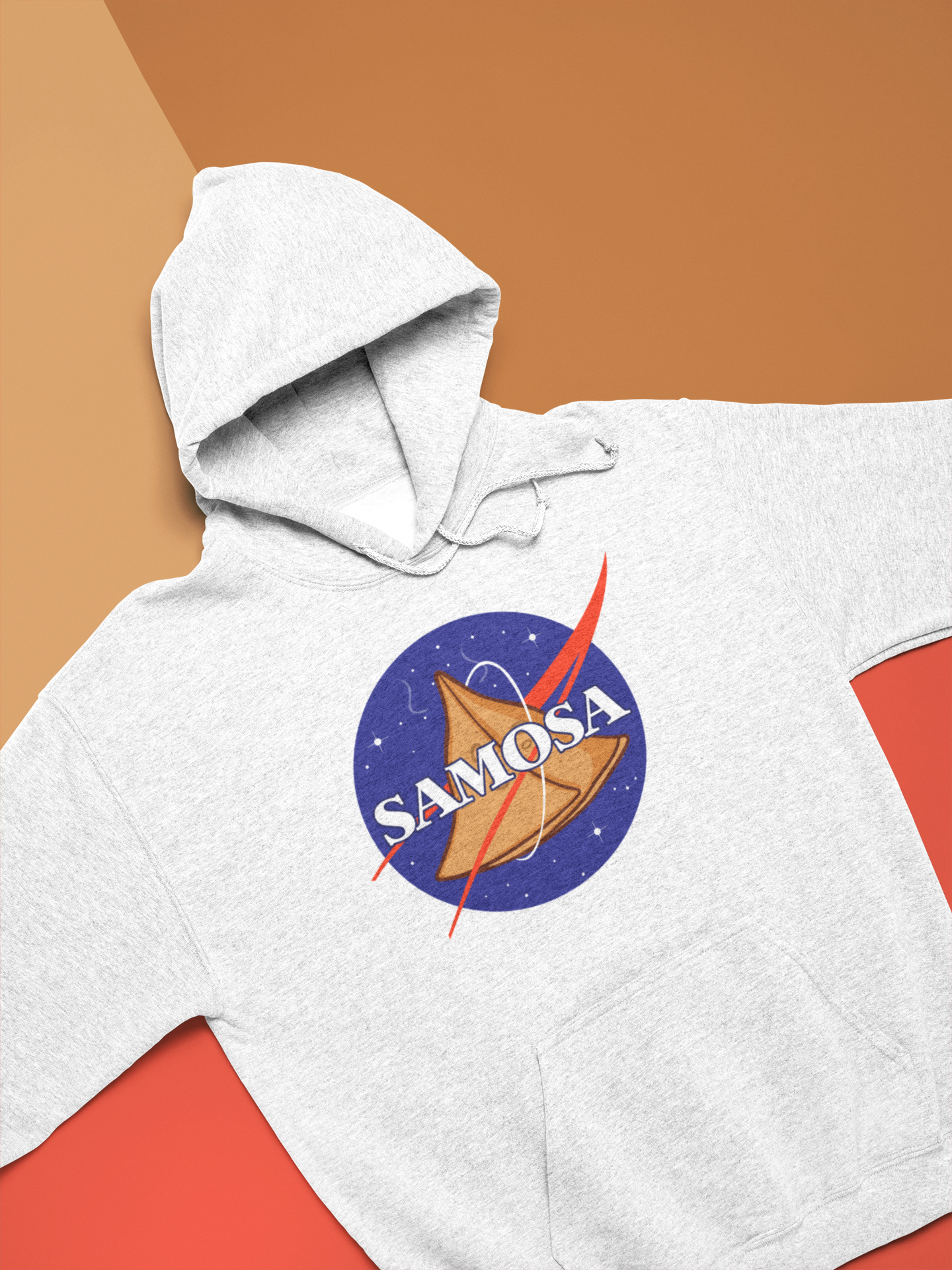 NASA Samosa Champion hoodie in gray with a spaceship samosa graphic on a colorful background.