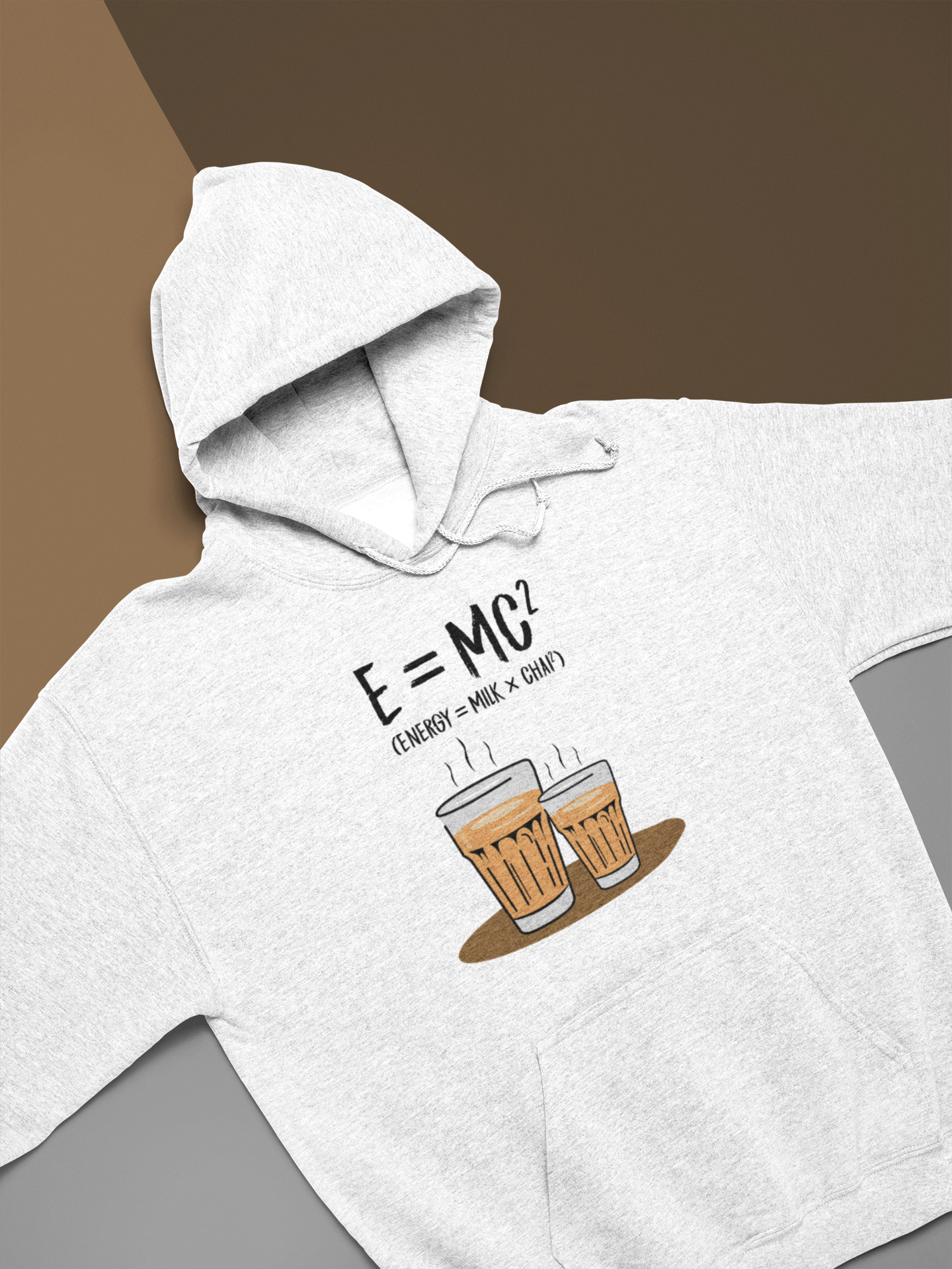 E=MC² hoodie featuring two chai glasses, cozy Champion fleece with a drawstring hood and spacious pocket.