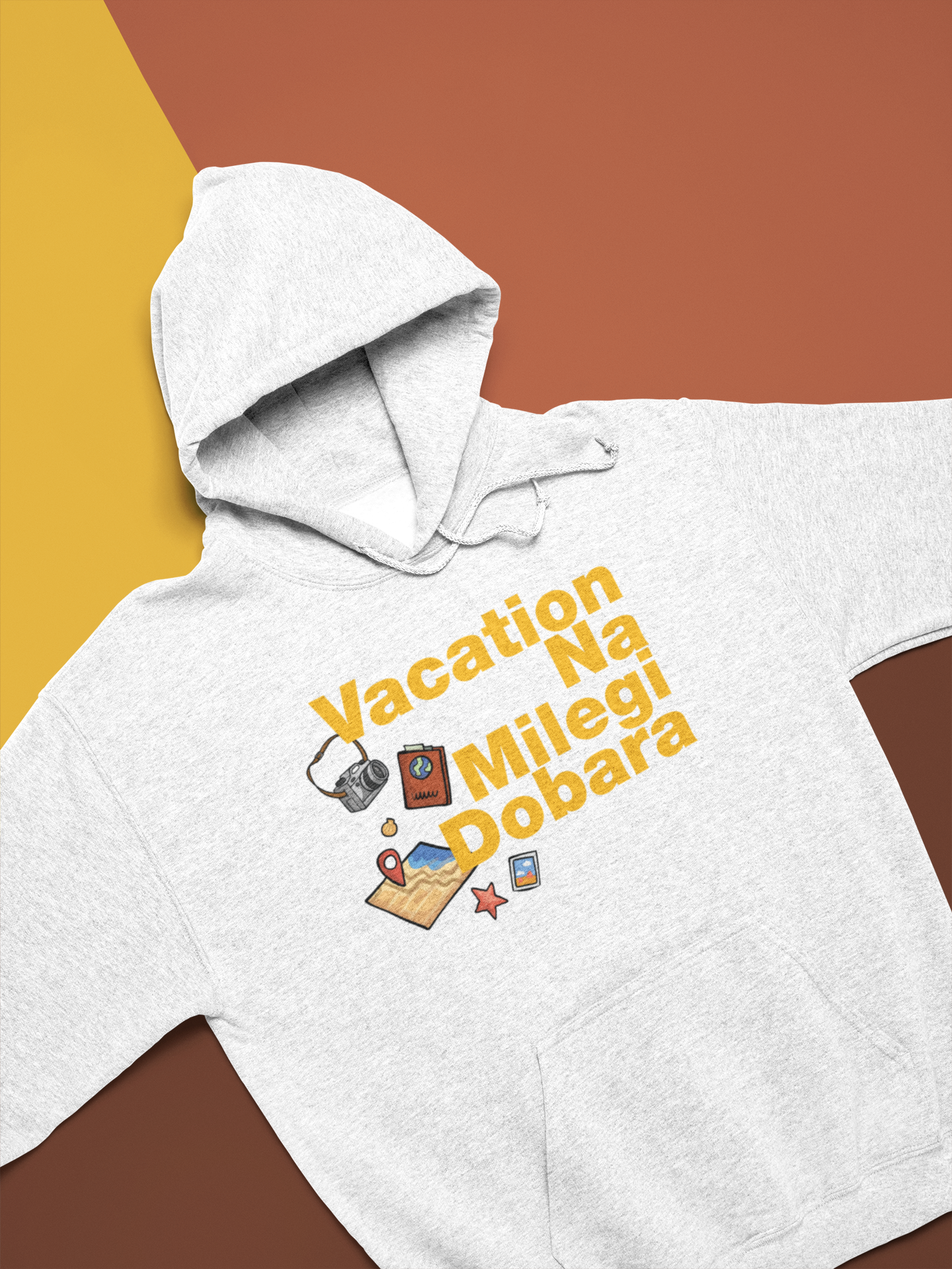 Gray Champion hoodie featuring "Vacation Na Milegi Dobara" graphic and travel-themed icons on colorful background.