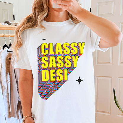 Female model wearing classy sassy desi graphic tshirt in white colour.